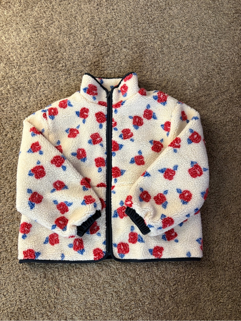 Woman’s Floral Sherpa Jacket - Cream with Red & Blue Flowers
